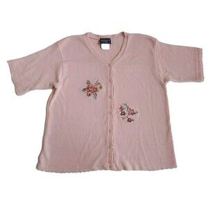 Vintage Ladies Southern Lady Pink SS Embroidered Cardigan Sweater Size M